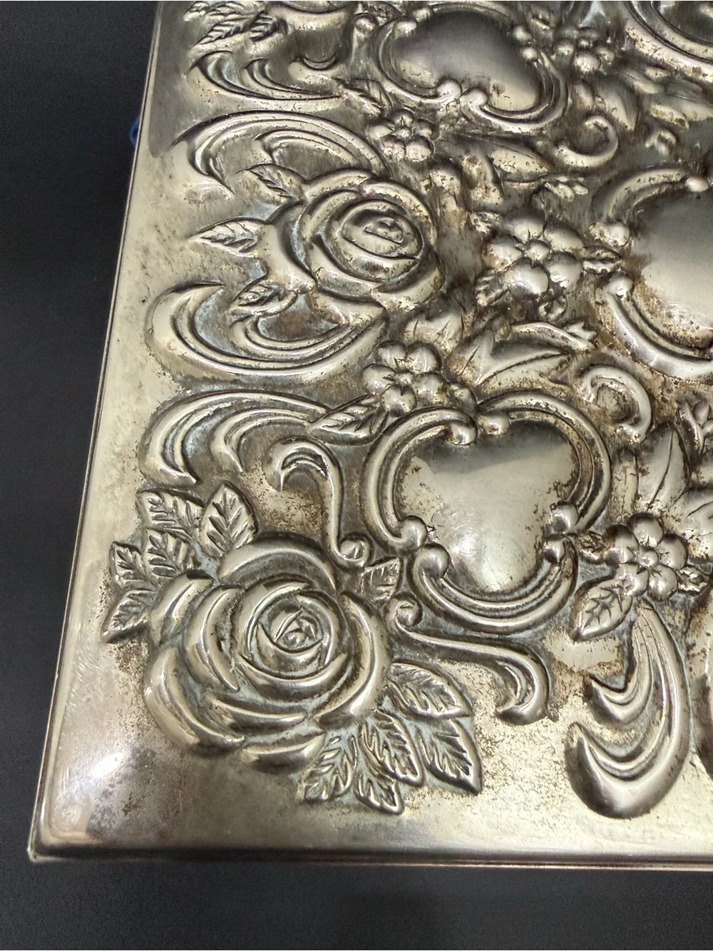 Vintage GODINGER Silver Plated Repousse Large Blue Velvet lined Jewelry Box